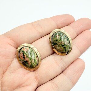 Vintage Unakite Cabochon Gold Tone Clip-On Earrings Oval